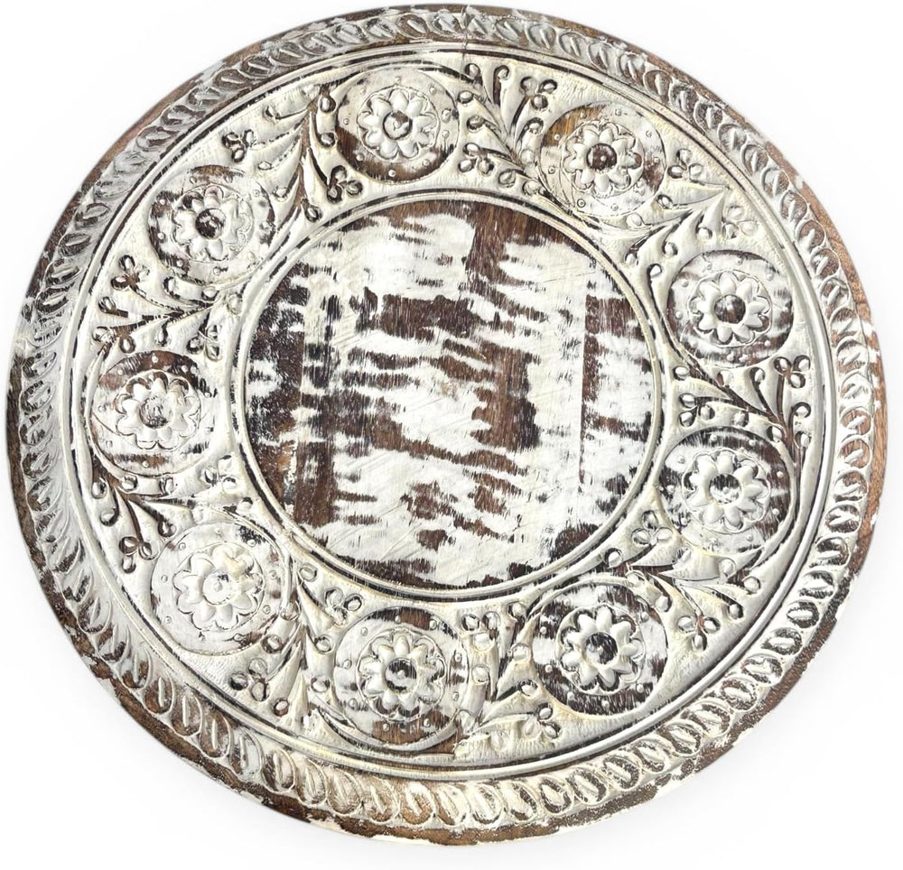 Handcrafted Round Wooden Side Table with Carved Floral Top, White Washed Fini...