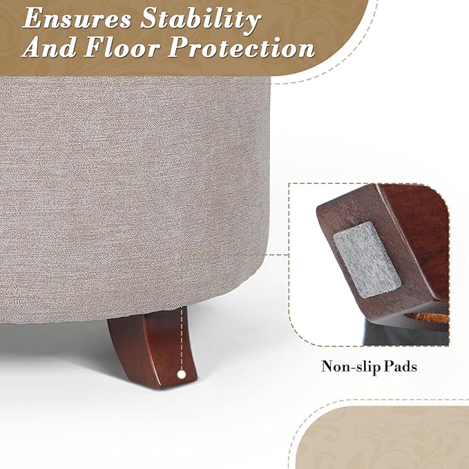 Athena Collection 24.5 Inch Small Ottoman with Storage, Round Linen Fabric Storage Ottoman Foot Rest with Removable Lid, Multipurpose Footstool Footrest for Livingroom, Bedroom, Dorm, Beige