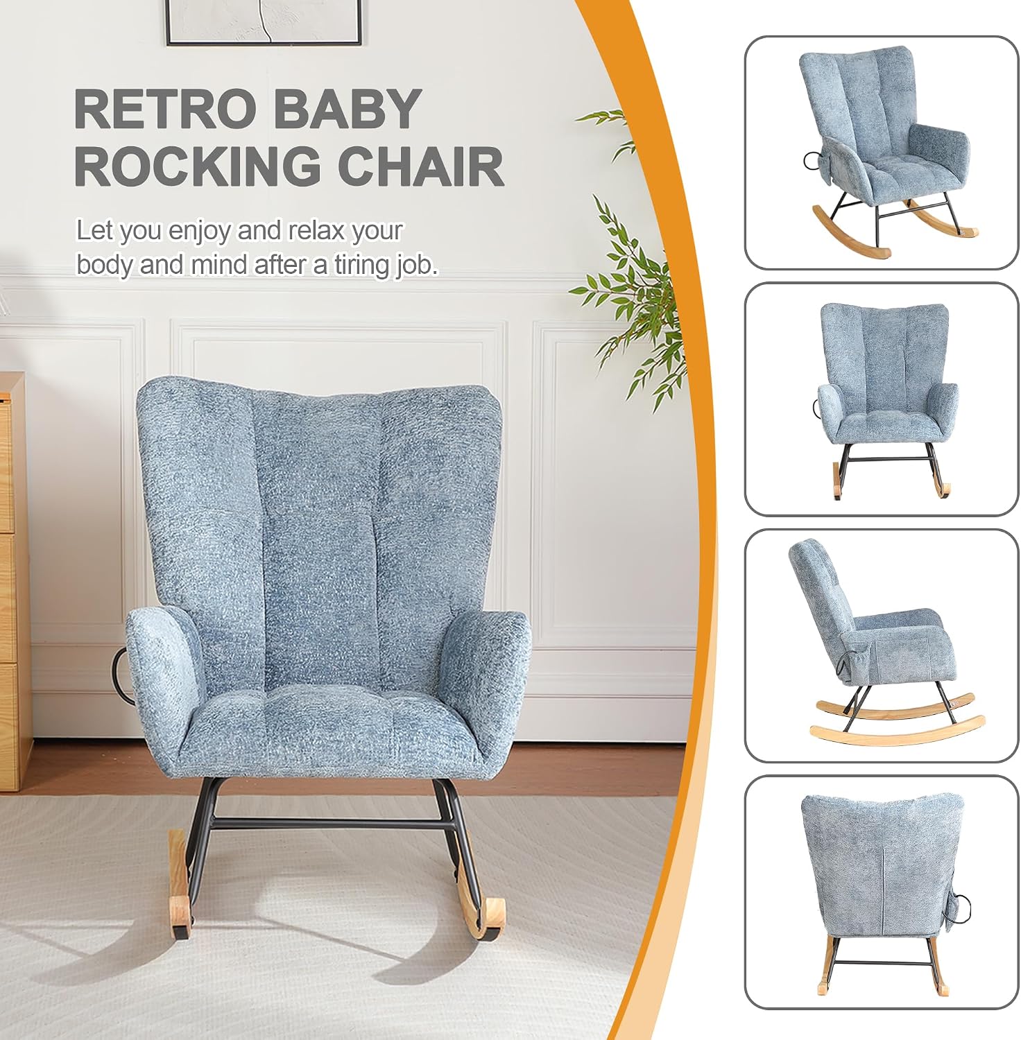 Rocking Chair Nursery, Comfy Modern Nursery Rocking Reading Chair Indoor, Cozy Upholstered Glider Rocker Chairs for Living Room Bedroom Offices, Sillas Mecedoras(Chenille, Blue)