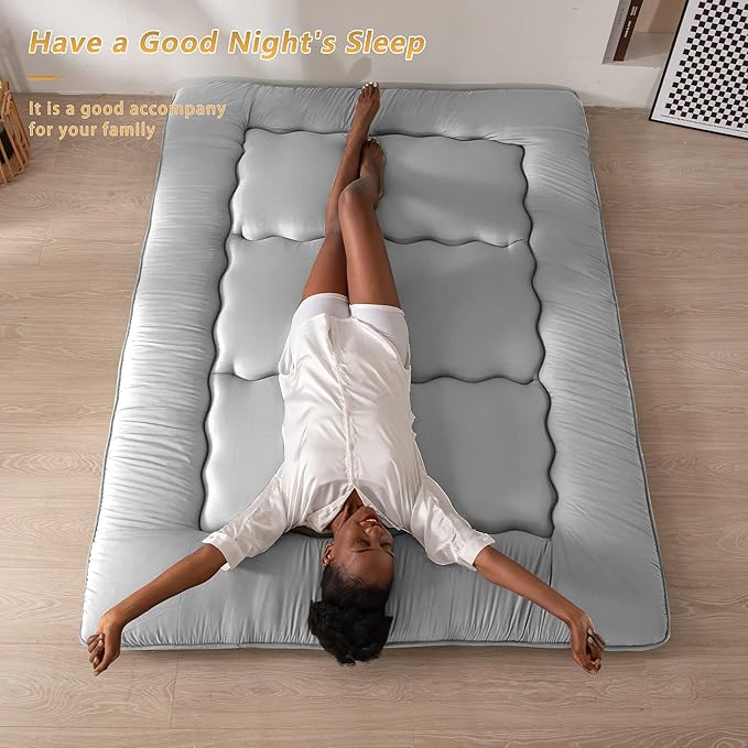 MAXYOYO Japanese Floor Mattress Futon Mattress, 4" Thicken Tatami Mat Sleeping Pad Foldable Roll Up Mat Boys Girls Dormitory Pad Kids Floor Lounger Pillow Bed, Charcoal Grey, Queen Size