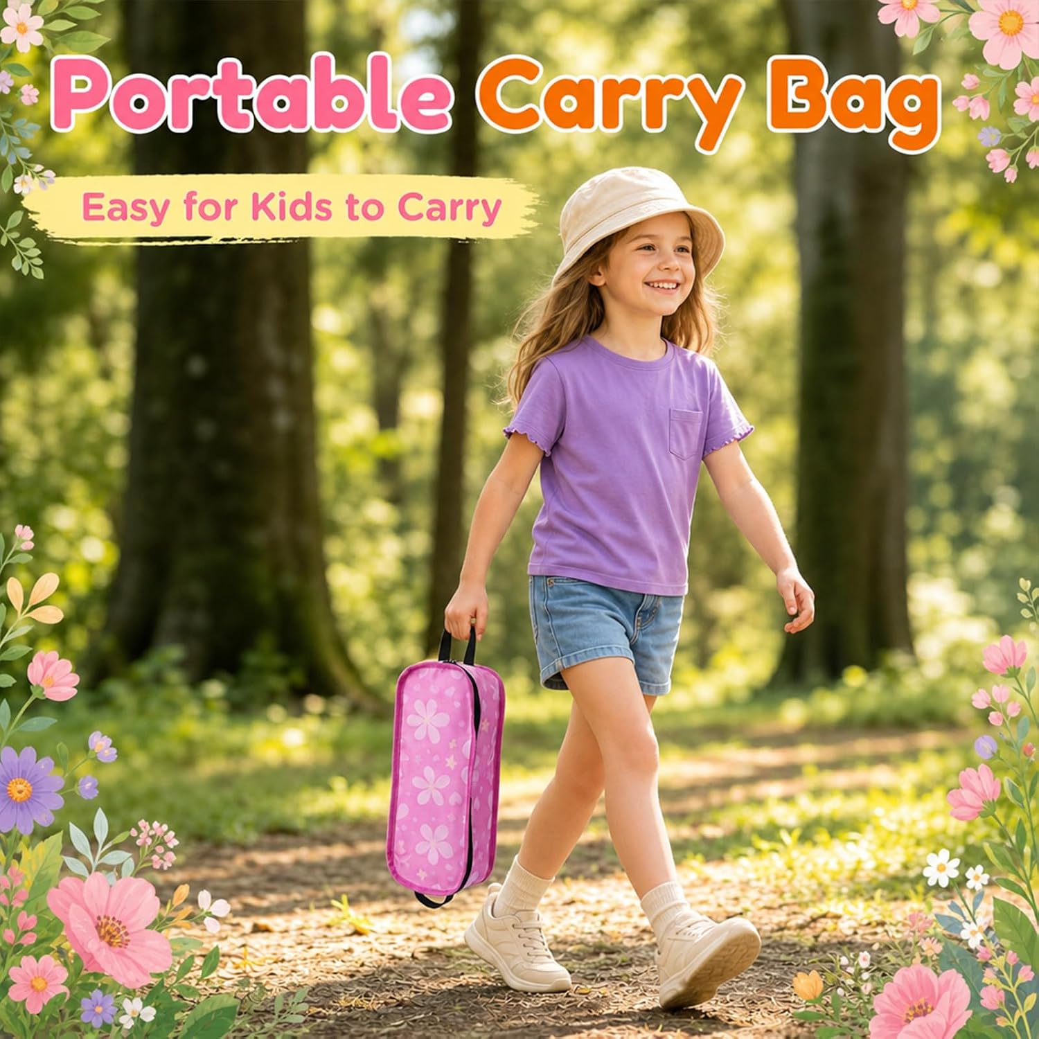 Kids Camping Chair, Foldable, Flowers | Lightweight, Carry Bag, Heavy Duty, Portable, Indoor & Outdoor Use