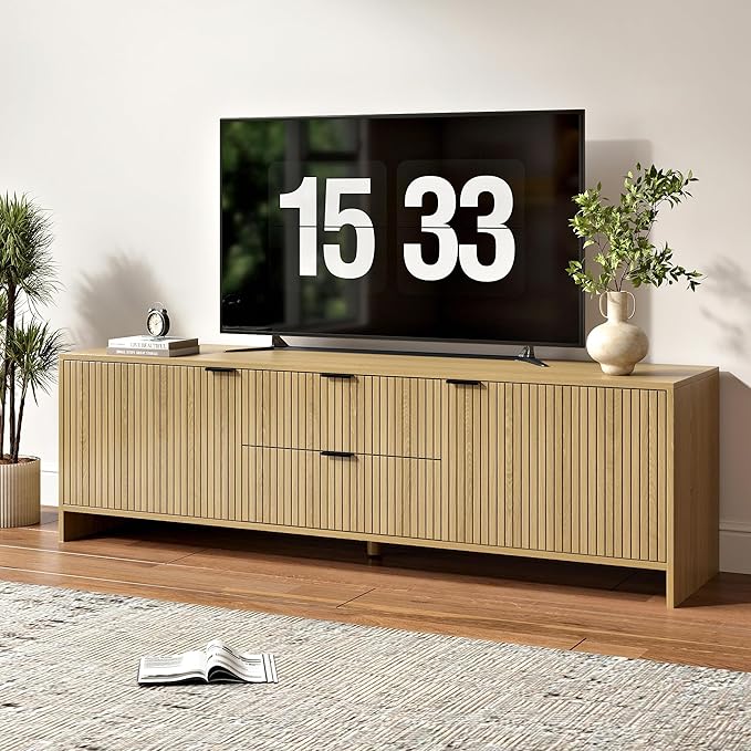Fluted TV Stand for TVs up to 70",Modern TV Console with 2 Drawers,Wood Entertainment Center with Storage Cabinets & Adjustable Shelves for Living Room,Natural Oak