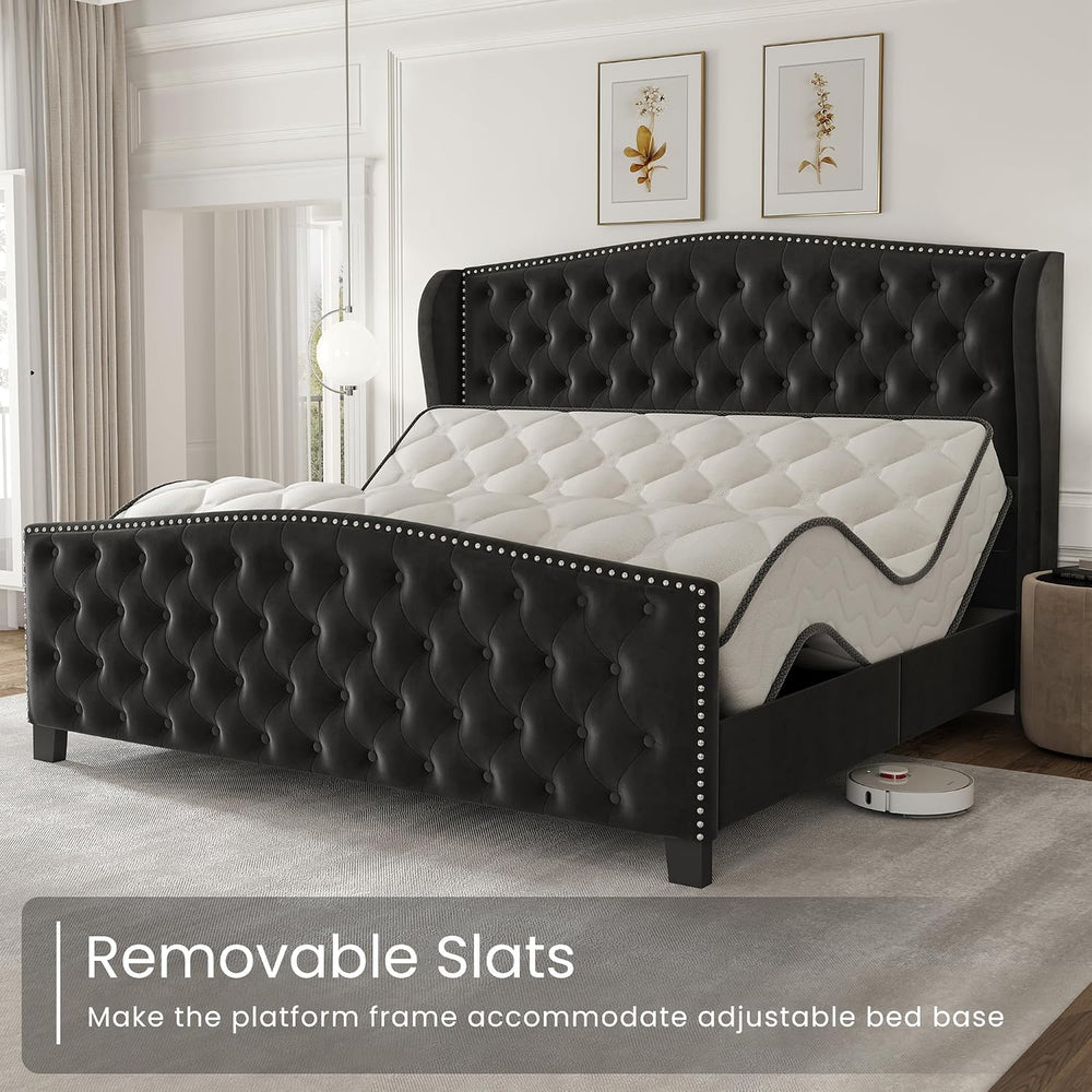 LARMACE King Size Bed Frame Velvet Upholstered Platform Bed with Wingback Hea...