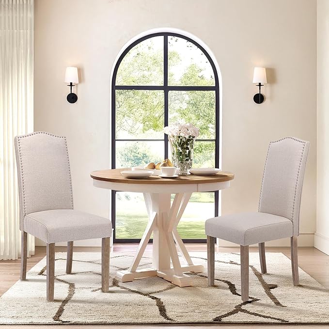 Upholstered Dining Chair Modern Stylish Parsons Kitchen Diner High Back with Silver Nailhead Trim & Wood Legs, Set of 6, Fabric Beige