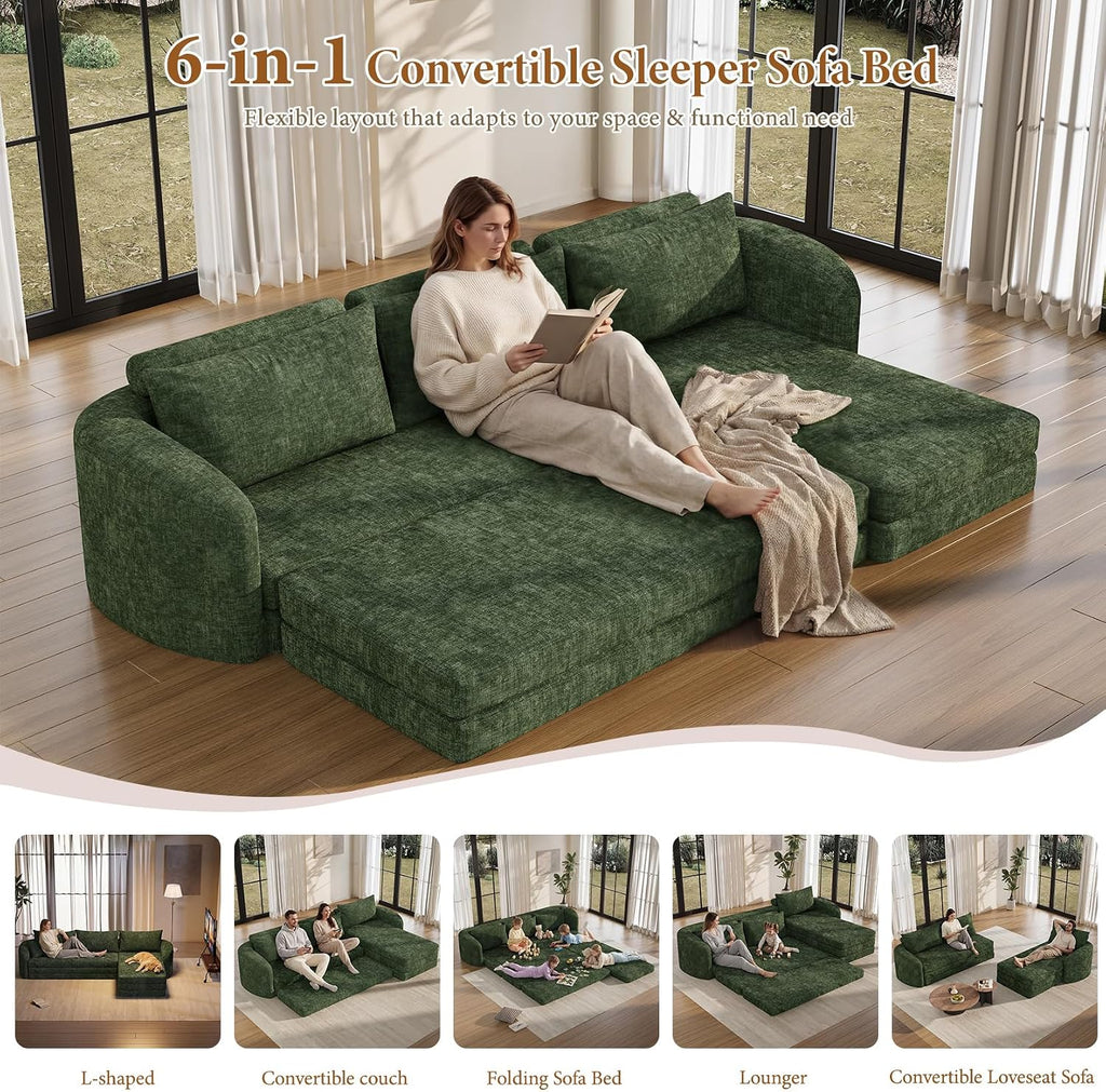 Vesgantti 6 in 1 Convertible Folding Sofa Bed, Futon Sectional Couch, Green | 110.2" L Shaped Modular Sleeper Sofa, Curved Armrest, Deep Seat Boneless Couches for Living Room, Chenille, Right Facing
