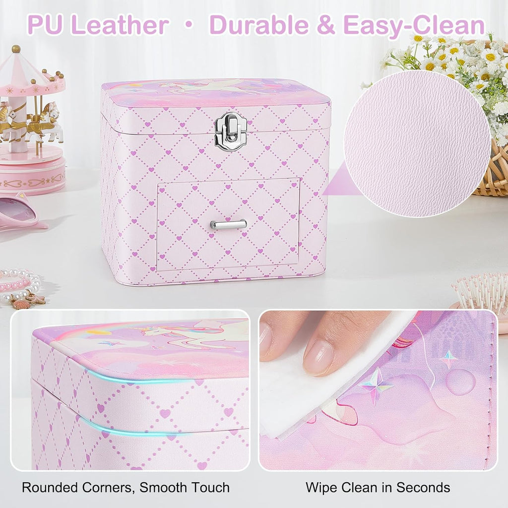 Basumee Musical Jewelry Box for Girls PU Leather Music Box with Drawer Large Kids Jewelry Organizer with Unicorn/Ballerina Jewelry Storage for Little Girls Ages 3–10, Birthday & Holiday Present
