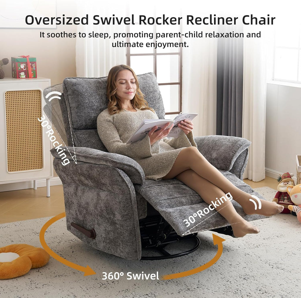 Oversized Glider Rocker Recliner, 24" Extra Wide 360° Swivel Nursery Recliner with Adjustable Headrest, Chenille Rocking Nursery Chair with Overstuffed Armrest, Lumbar Support, Dark Grey