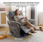 Oversized Glider Rocker Recliner, 24" Extra Wide 360° Swivel Nursery Recliner with Adjustable Headrest, Chenille Rocking Nursery Chair with Overstuffed Armrest, Lumbar Support, Dark Grey