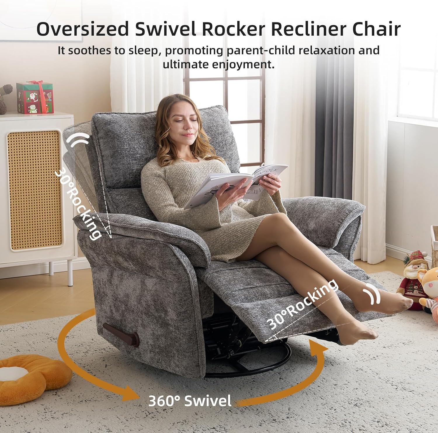 Oversized Glider Rocker Recliner, 24" Extra Wide 360° Swivel Nursery Recliner with Adjustable Headrest, Chenille Rocking Nursery Chair with Overstuffed Armrest, Lumbar Support, Dark Grey