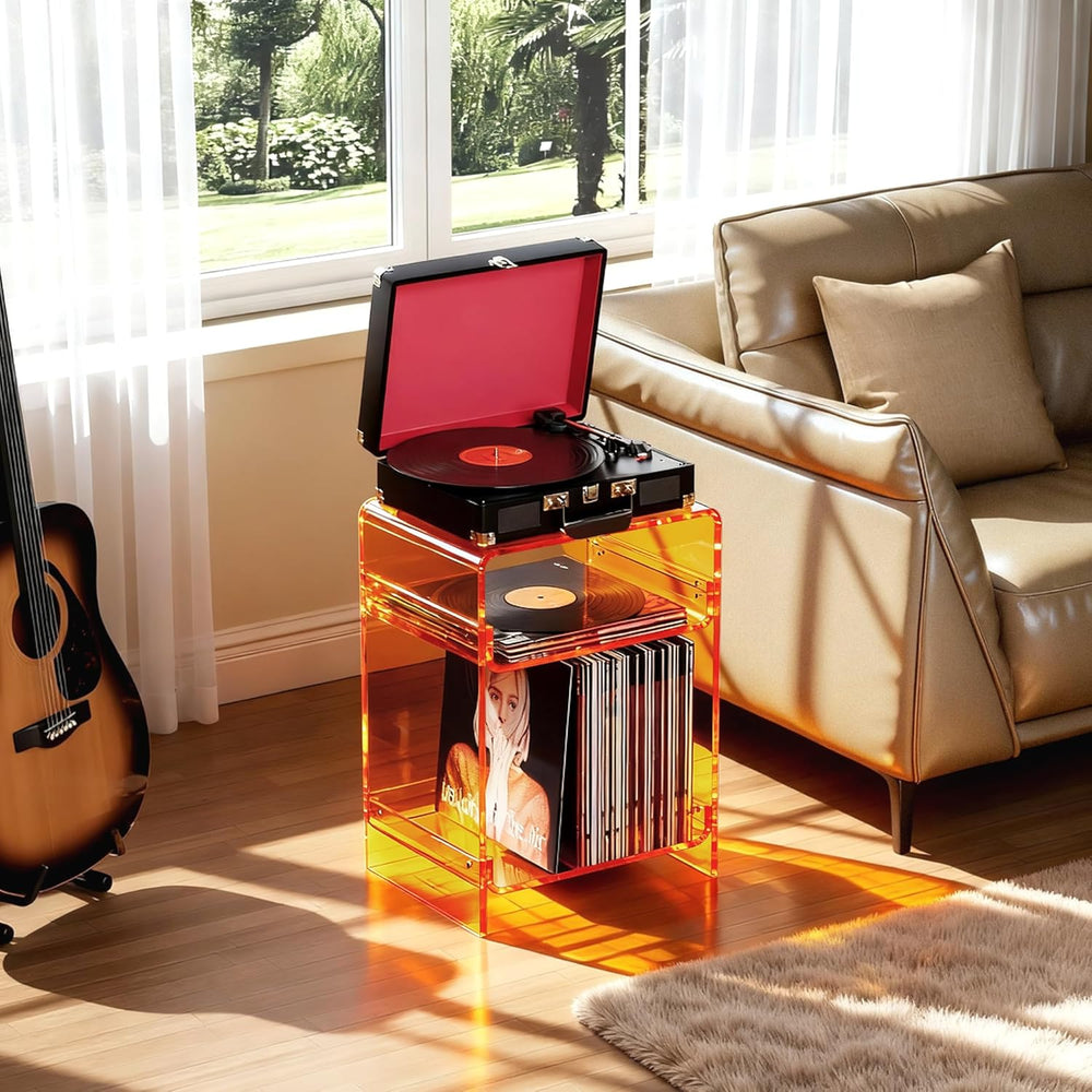 Acrylic Record Player Table with Storage Shelf, Clear Side Table Nightstand (...