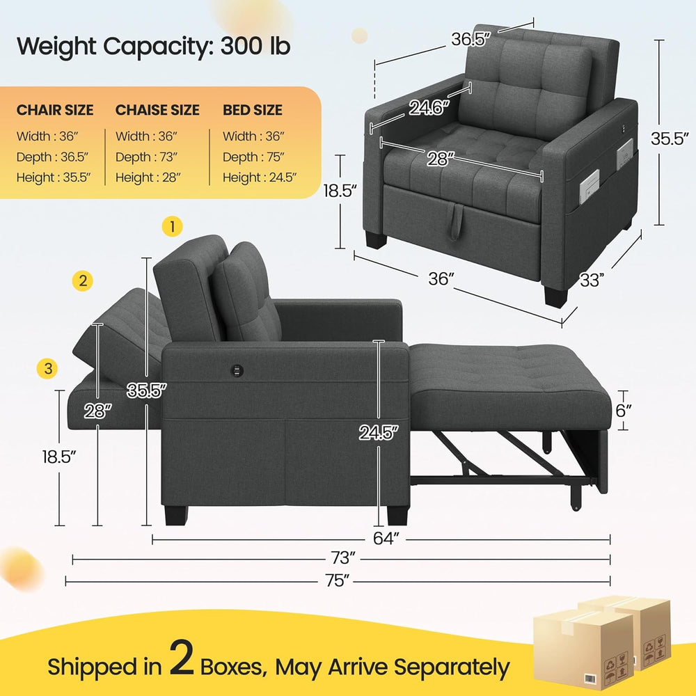 Yaheetech Convertible Futon Sofa Bed 3-in-1 Sleeper Chair Bed Tufted Couch wi...