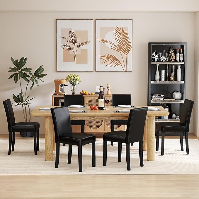LSSPAID Dining Chairs Set of 6, Modern Stylish PU Leather Upholstered Parson Chair, Dining Room Chairs with Solid Wood Legs for Kitchen Living Room, Black