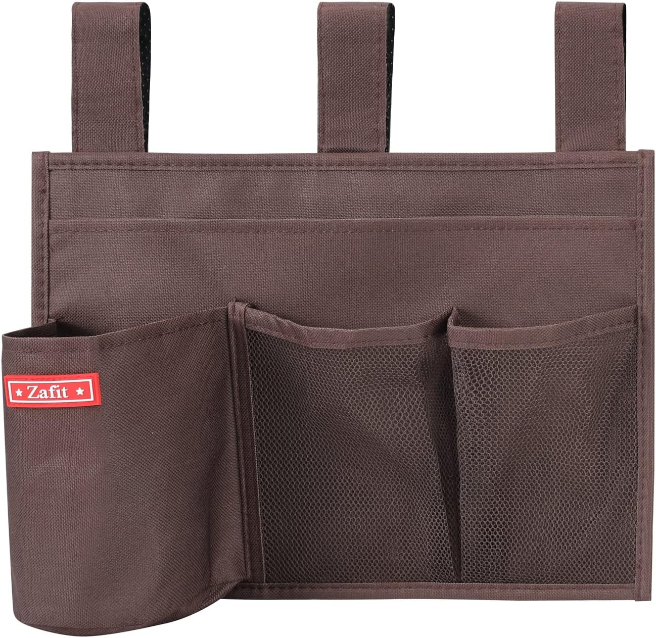Hanging Bedside Caddy, Bedside Storage Organizer for Magazine, Phone, Remote control (4 Pockets-Coffee)