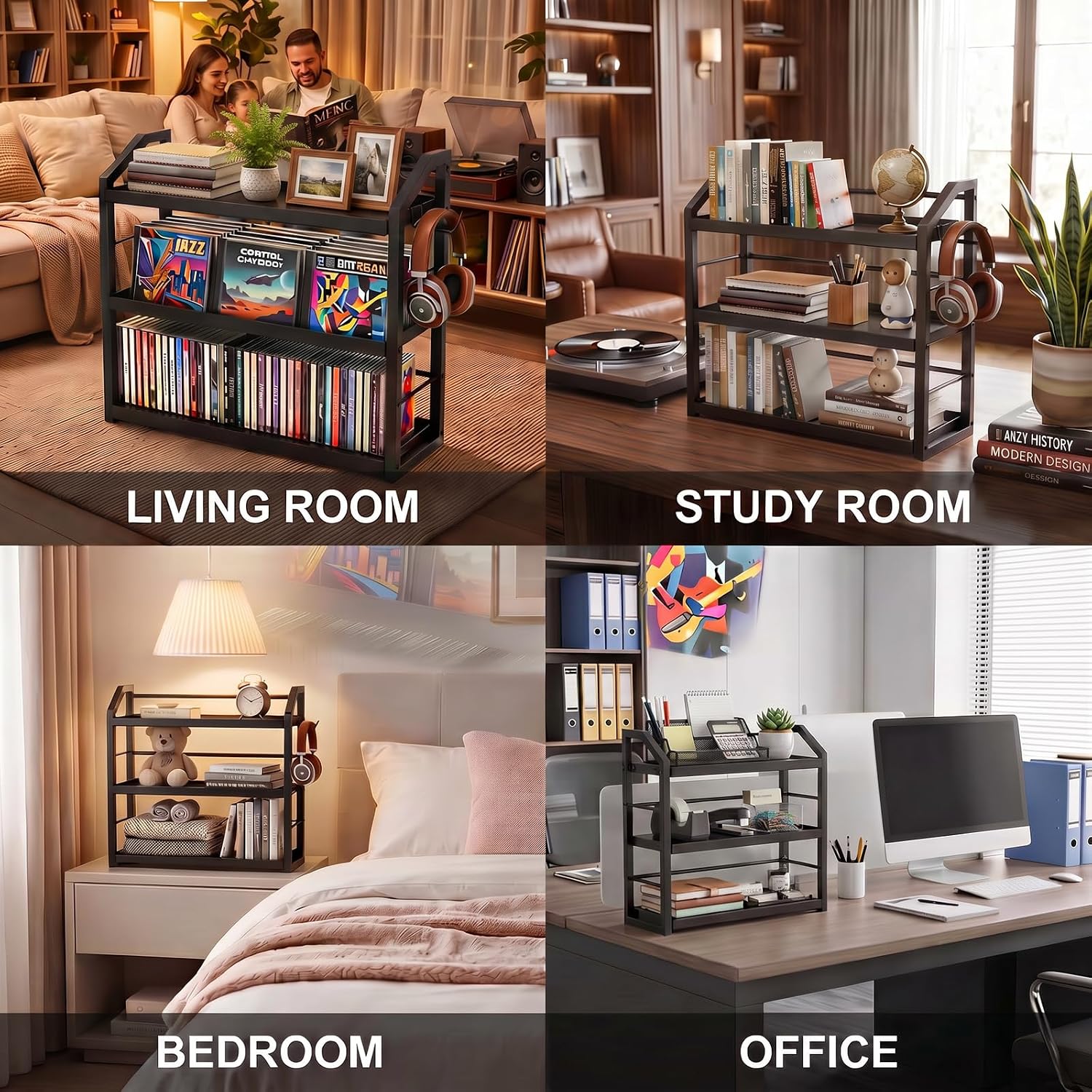 3-Tier CD Holder, Sturdy Steel CD Storage Rack for Display, Holds 125 CDs | Versatile CD Organizer with Top Display Shelf, Reversible Trays, Headphone Hook for Home Office Gaming Room Kitchen Counter
