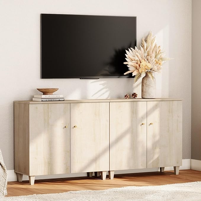 WAMPAT TV Stand Cabinets for TVs up to 75 Inches, 2-in-1 Wood Entertainment Center with Doors and 6 Compartments, 70.8" Modern Media Console Table with Storage for Living Room Bedroom, Natural Oak
