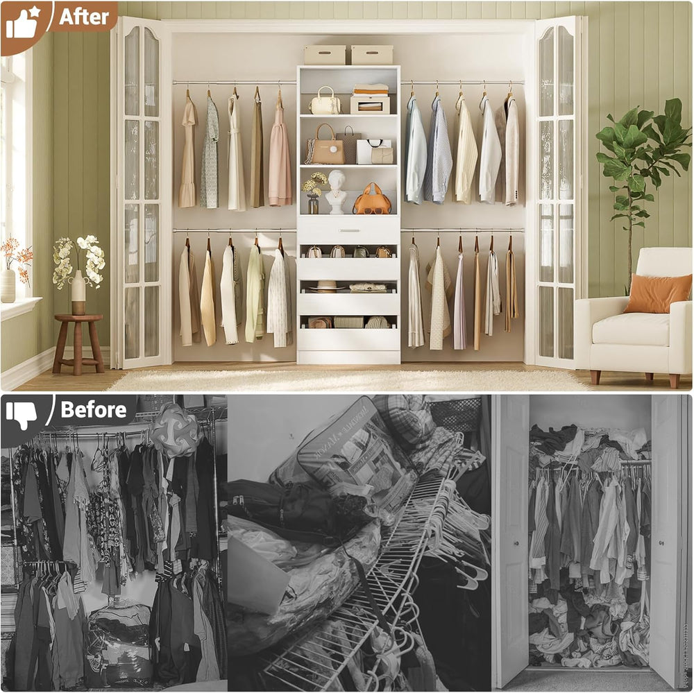 Aheaplus Closet System, 4-9Ft Closet Organizer with 4 Wooden Drawers, White
