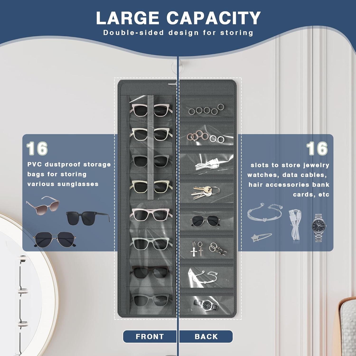 Hanging Sunglasses Organizer and Storage, 32 Slots Jewelry Holder, Gray | Protect eyewear from dust with double-sided clear compartments; roof design hangs on wall, door or closet for home/RV travel.