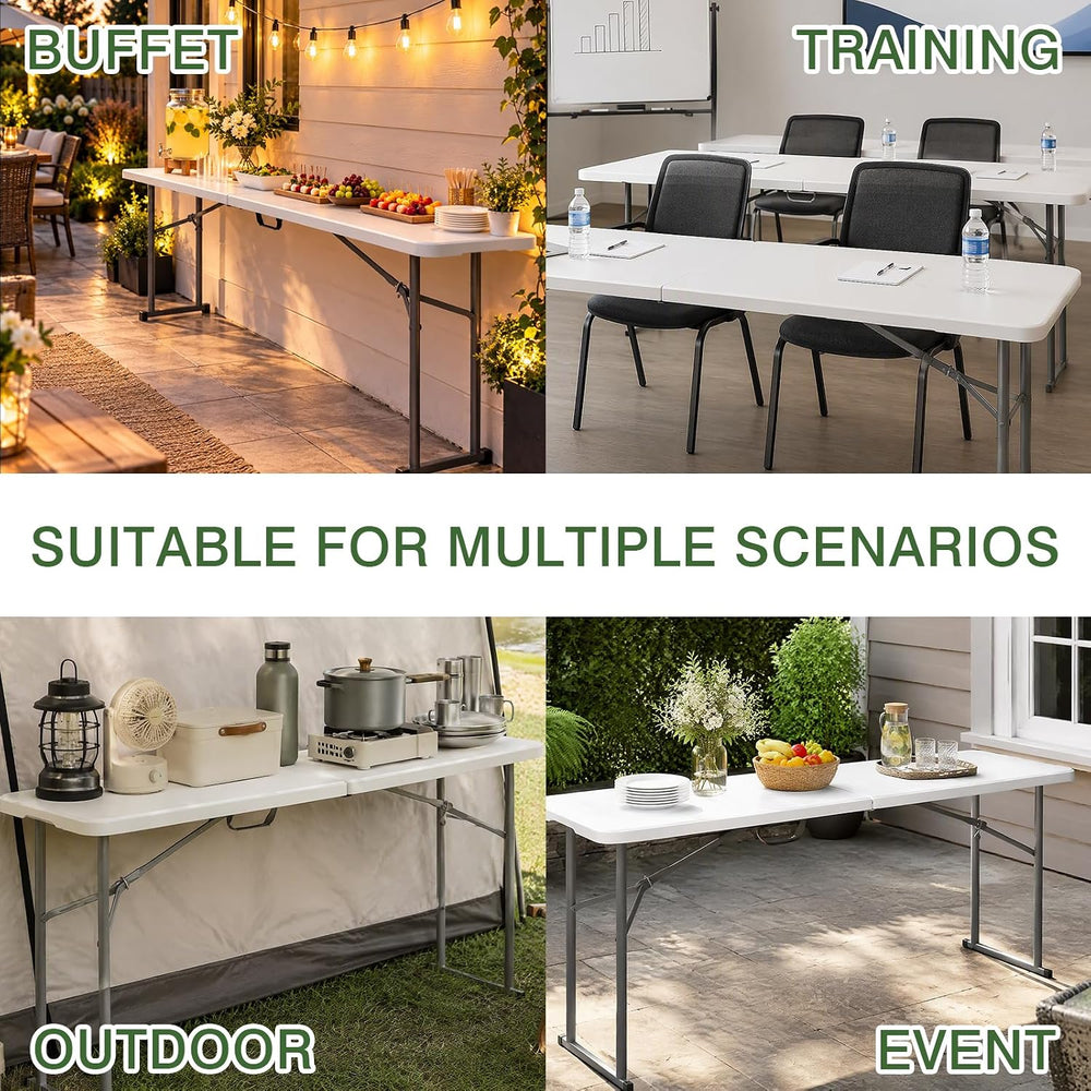 6FT Narrow Folding Table, Fold in Half, Portable, White