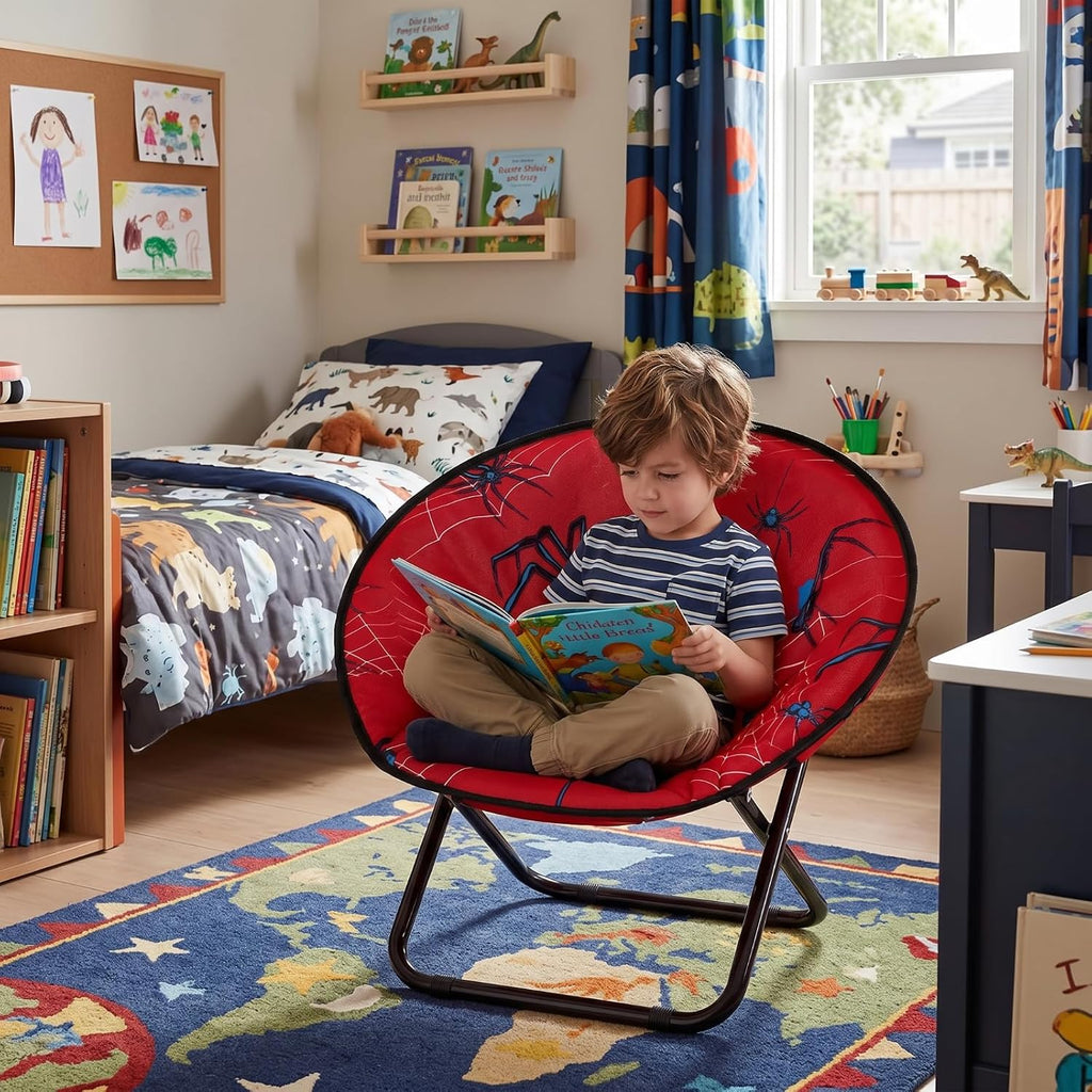 Fumete Spiderweb Folding Saucer Chair with Cushion Portable Foldable Round Metal Camping Saucer Chair Comfortable Collapsible Chairs for Indoor Outdoor Halloween Decor Patio Camping Bedroom