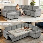 108″ Sectional Sleeper Sofa with Pull Out Bed, Modular Sectional Couch with Storage, L Shpaed 7-Seats Chenille Cloud Couch, Modular Sofa Bed for Living Room, Apartment, Office (Light Gray, 7 Seats)