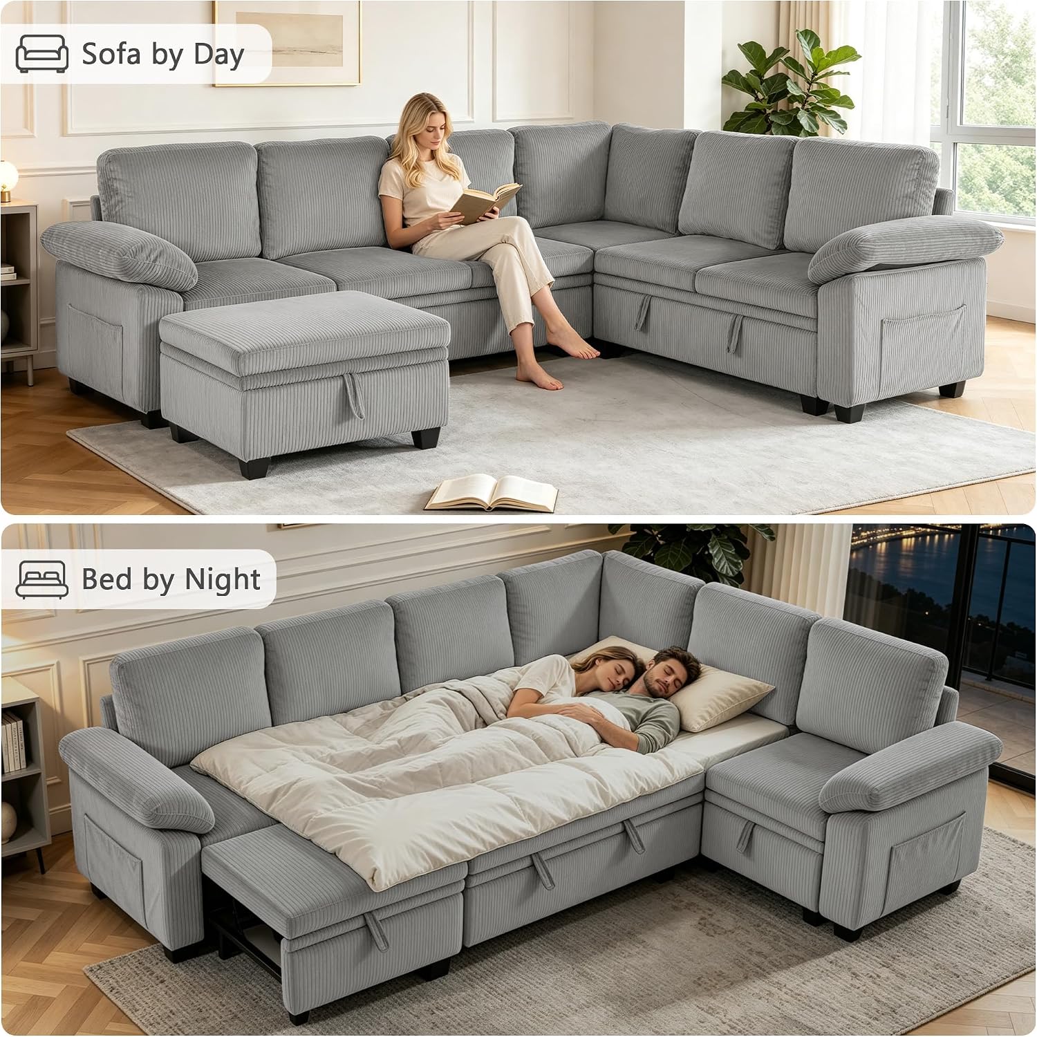108″ Sectional Sleeper Sofa with Pull Out Bed, Modular Sectional Couch with Storage, L Shpaed 7-Seats Chenille Cloud Couch, Modular Sofa Bed for Living Room, Apartment, Office (Light Gray, 7 Seats)