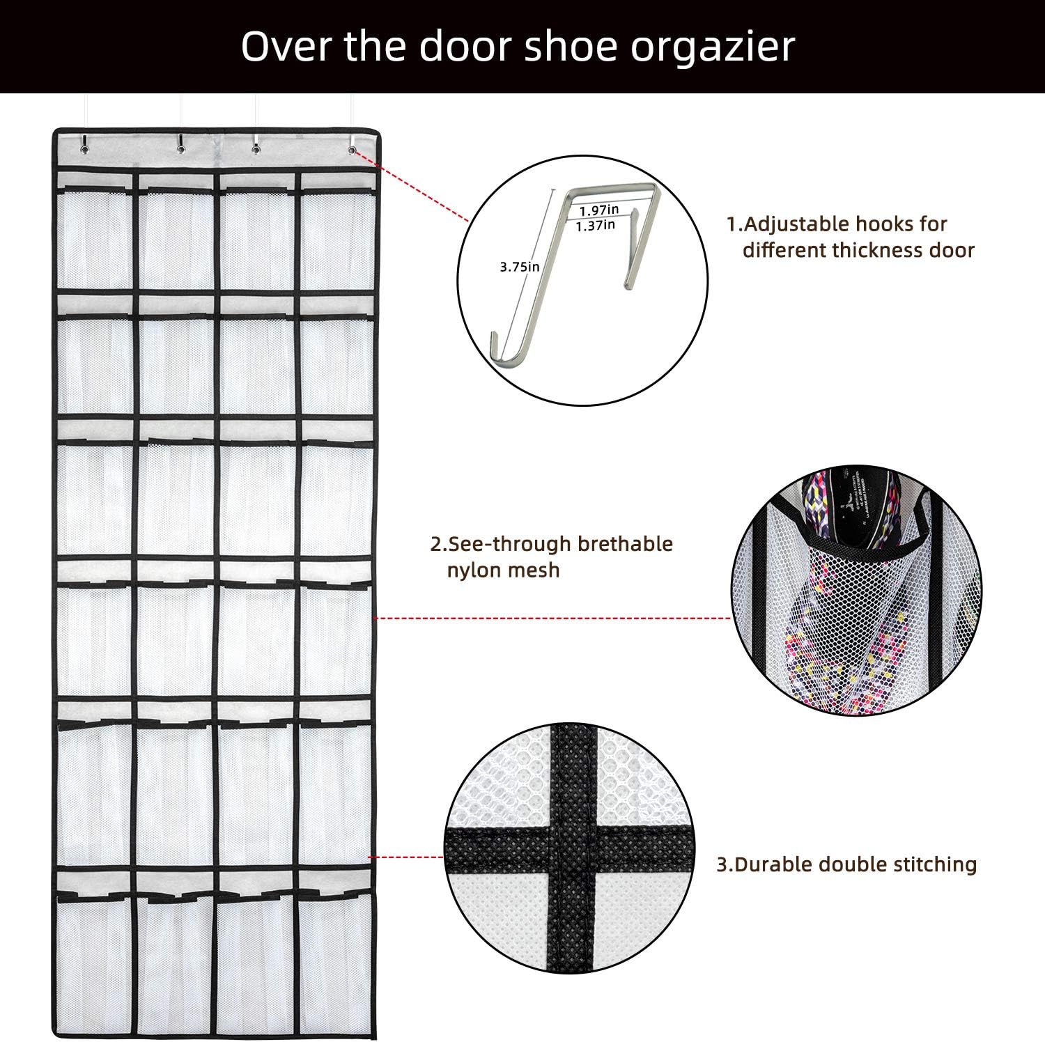 Over the Door Shoe Organizer, Hanging Shoe Organizer with 24 Mesh Large Pockets Door Shoe Rack Organizer for Men Women Kids Hanging Shoe Storage Bag.(White