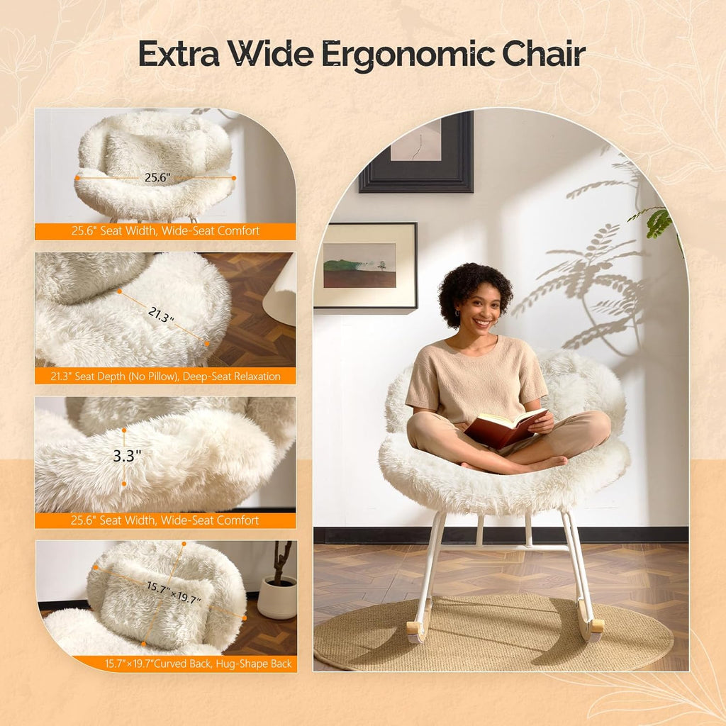 VINGLI 25.6" Extra Wide Criss Cross Nursery Rocking Chair,Cute Curved 115° Reclining Armless Glider,Plush Small Rocker w/Pillow & Solid Wood for Indoor,Bedroom, Living Room,Fluffy Fleece,White