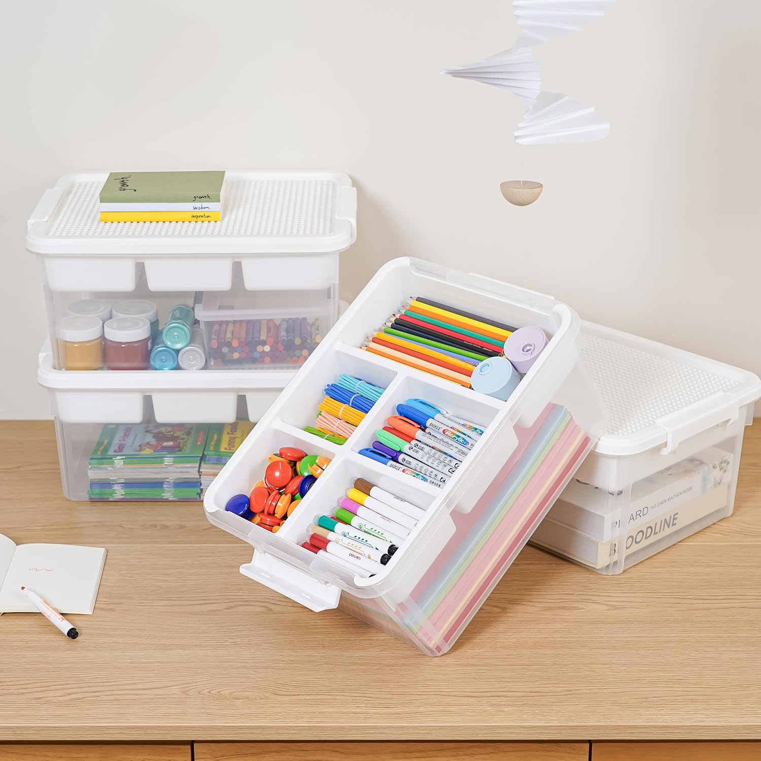 Citylife 17 QT Storage Bins with Building Baseplate Lid and Removable Tray Large Plastic Storage Bins Lego Organizers and Storage Bead, Tool, Sewing, 4 Packs