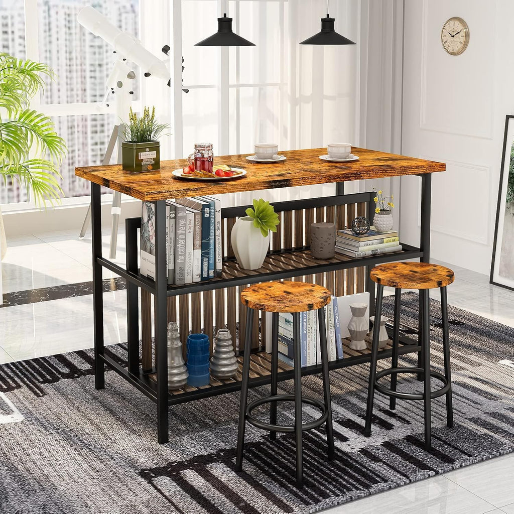 AWQM Kitchen Island with Seating & Storage Shelf, Modern Bar Table and Chairs Set for 2, Wooden Island Table for Kitchen, Dining Table Set for Small Space, Walnut Color
