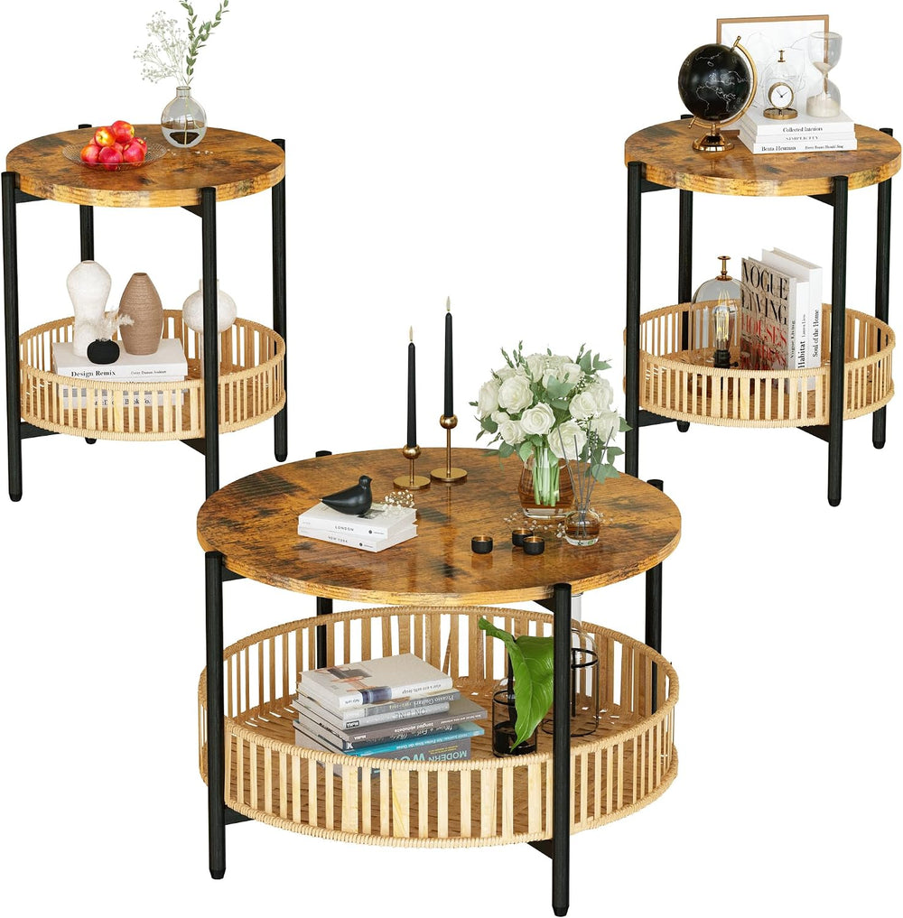 AWQM 3 Pieces Coffee Table Set for Living Room, 2 Tier Round Rattan Coffee En...