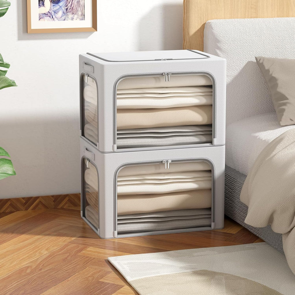 3Pack Clothes Storage Bins - Oxford Frame Storage Box Foldable Stackable Storage Organizer with 3 Openings Design, Metal Frame, Clear Window, Carry Handles (66L-19.7 * 15.7 * 13, Grey)
