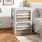3Pack Clothes Storage Bins - Oxford Frame Storage Box Foldable Stackable Storage Organizer with 3 Openings Design, Metal Frame, Clear Window, Carry Handles (66L-19.7 * 15.7 * 13, Grey)