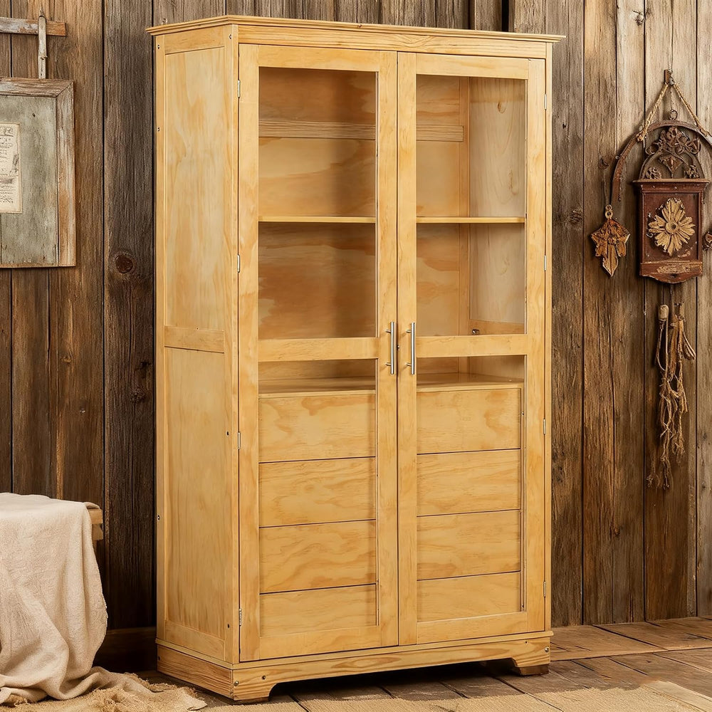 75" Tall Farmhouse Kitchen Pantry Cabinet with 2 Glass Doors & 4 Bui...