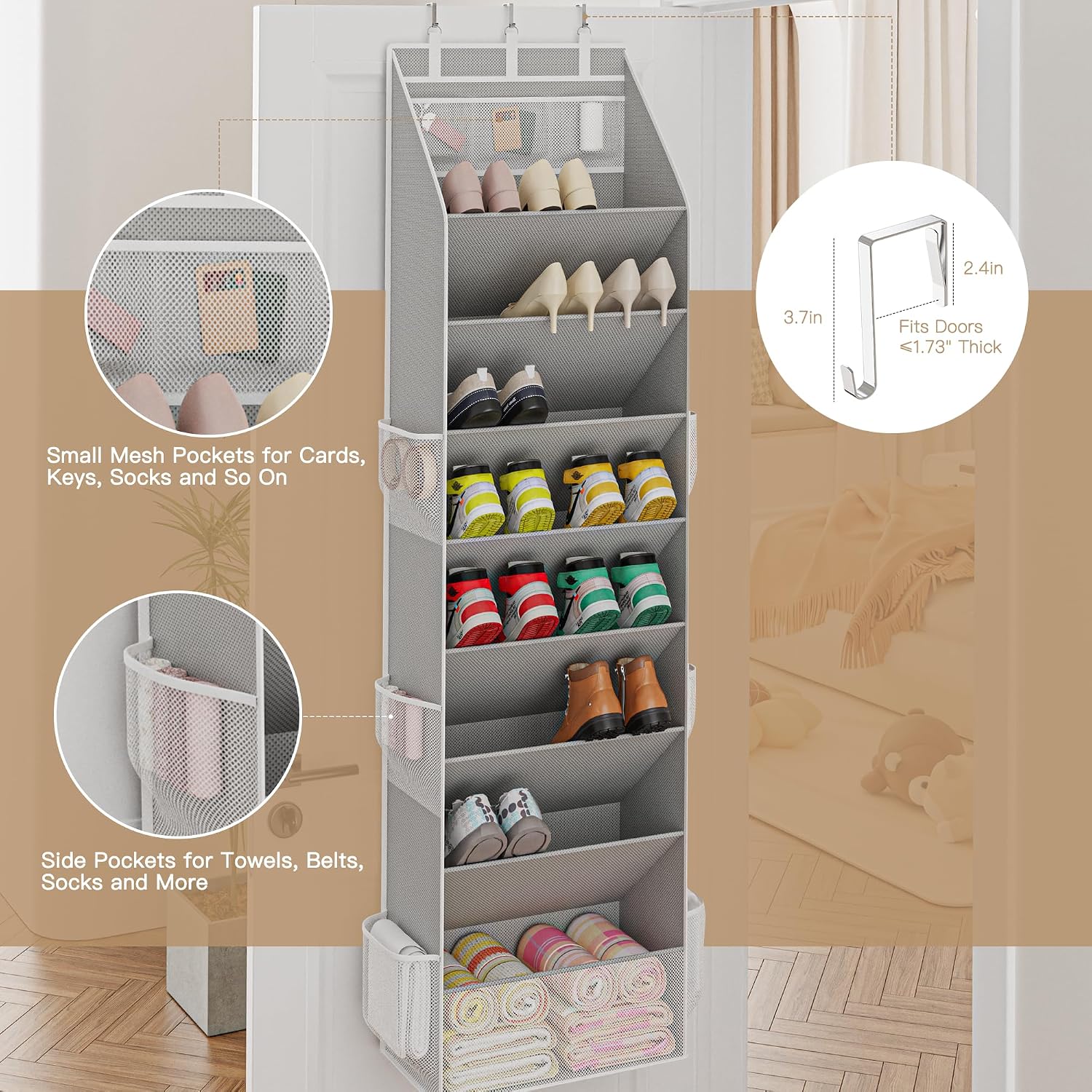Shoe Organizer, Over the Door Shoe Organizer, Hanging Closet Shoe Storage with Large Deep Pockets, Fits 16–24 Pairs of Sneakers, Sandals, Boots, Gray