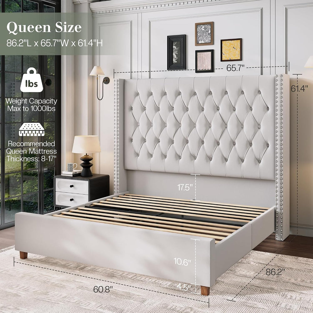 Jocisland Queen Bed Frame 61.4" Tall Headboard Velvet upholstered,Cream