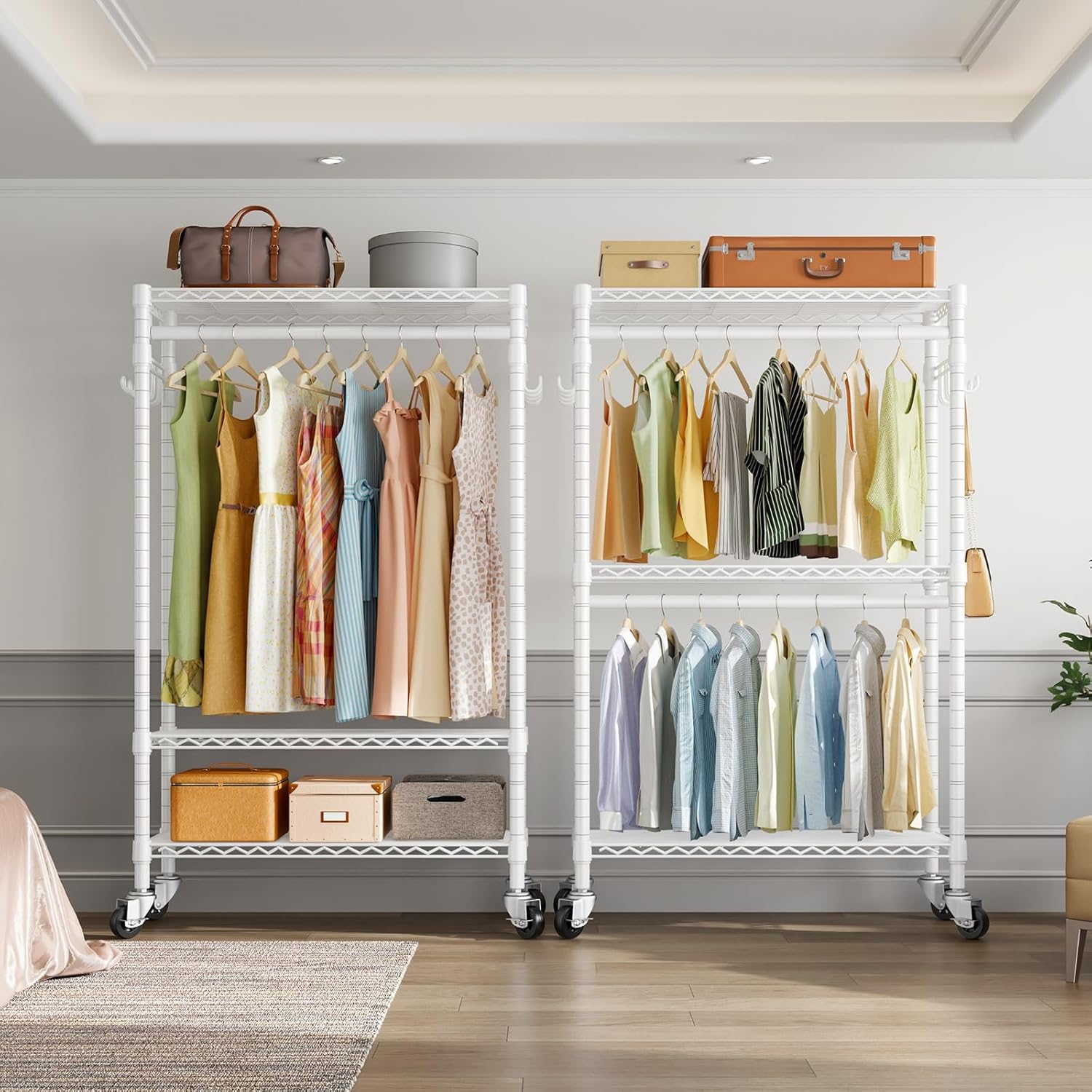VIPEK R2 Heavy Duty Rolling Garment Rack 3 Tiers Adjustable Clothes Racks with Double Rods & Hooks, Freestanding Wardrobe Closet Storage Rack Metal Clothing Racks for Hanging Clothes, White