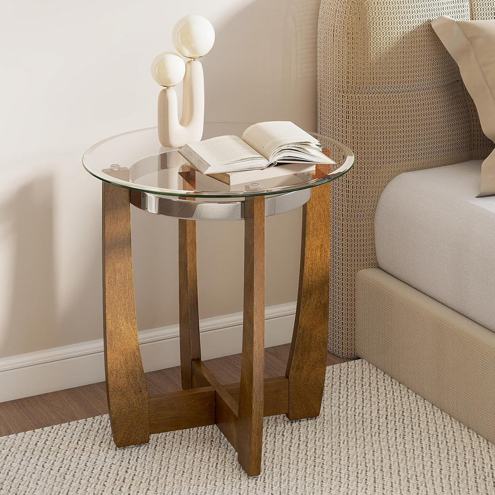 GOFLAME Glass End Table, 24” Round Sofa Side Table with Solid Rubber Wood Fra...