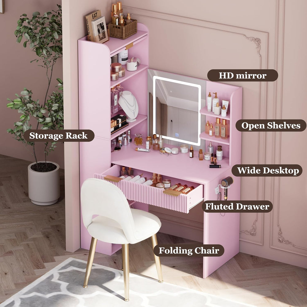 Royal Windsor Makeup Vanity Desk with Mirror and Lights, with Chair,Pink | Va...