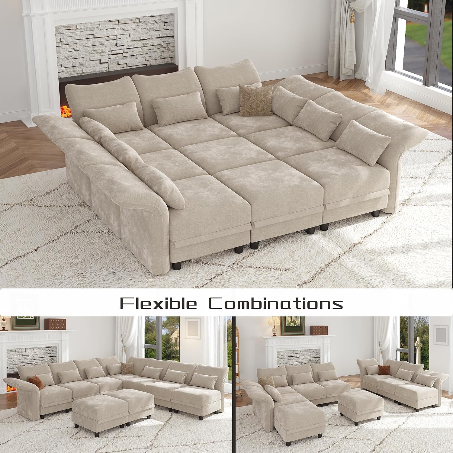 LLappuil 102" Modular Sectional Sofa with Storage Seat, Cozy Chenille Sleeper Sectional Couches for Living Room with Adjustable Armrest Backrest, Khaki