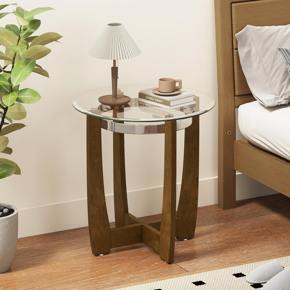 Giantex Round Glass End Table - 24’’ Side Table with Tempered Glass Top, Nigh...