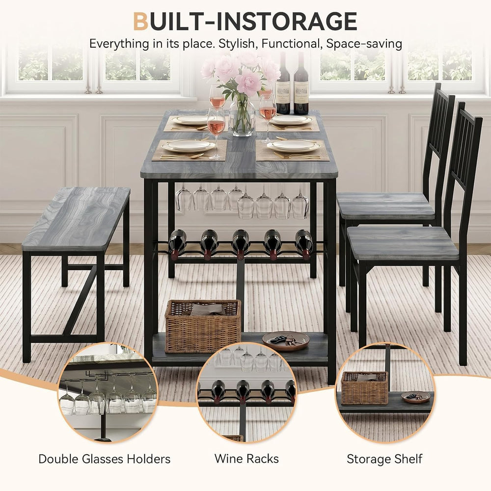 4 EVER WINNER 55-Inch Dining Table Set for 4 with Bench, Wine Rack, Grey | 4-...