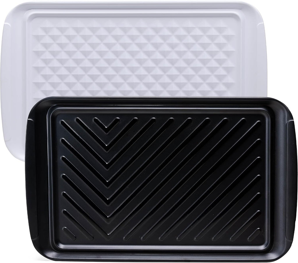 Grilling Prep and Serve Trays, BBQ Tray for Raw and Cooked Food, Melamine Marinating Serving Platter and Grill Tray for Outdoor, Parties and BBQ, Food Trays, Set of 2, Black and White