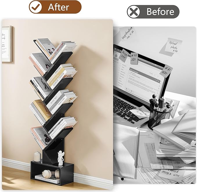 Hoctieon 9 Tier Tree Bookshelf, Tall Bookcase with Drawer, Wood Book Shelf, M...