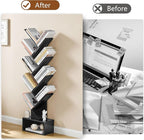 Hoctieon 9 Tier Tree Bookshelf, Tall Bookcase with Drawer, Wood Book Shelf, Modern Floor Standing Bookshelves, Book Organizer Shelves for Bedroom, Living Room, Home Office, Black