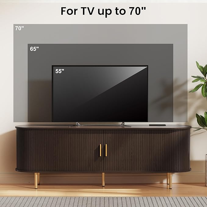 DHH 63 Inch Mid Century Modern TV Stand with Power Outlet for TVs up to 70 Inch, Entertainment Center with Storage and Adjustable Shelves, Media Console with Sliding Doors for Living Room(Brown)