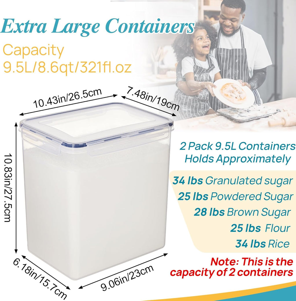 Vtopmart 9.5L 2 Pack Extra Large Flour Sugar Storage Containers for 25lbs flour, Airtight Kitchen Pantry Organization Canisters with Lids for Bulk food, Rice, Baking Supplies, BPA Free, Black