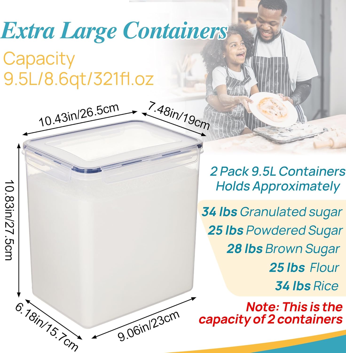 Vtopmart 9.5L 2 Pack Extra Large Flour Sugar Storage Containers for 25lbs flour, Airtight Kitchen Pantry Organization Canisters with Lids for Bulk food, Rice, Baking Supplies, BPA Free, Black