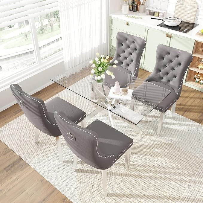 51 Inch Glass Dining Table Set for 4, Rectangular Glass Kitchen Table with 4 Upholstered Velvet Accent Chairs, 5 Piece Modern Dining Room Set, for Home, Apartment, Small Spaces - Grey Silver