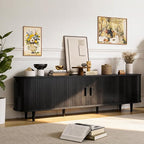 70" Mid Century Modern TV Stand, Wood TV Consoles with Sliding Doors and Power Outlet, Fluted Entertainment Center with Adjustable Shelves, Media Console for Living Room, Black