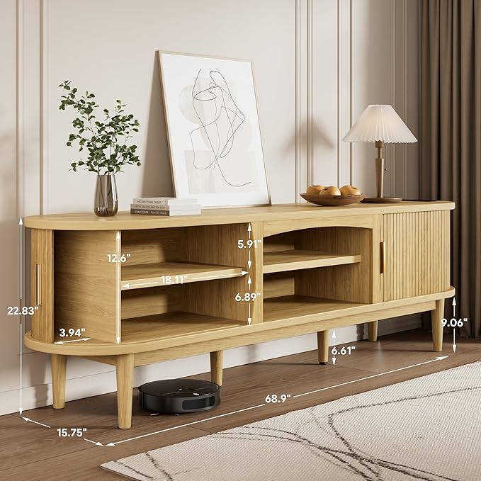 Mid Century TV Stand for TVs up to 80 Inches, Entertainment Center with Storage, Power Outlet, Fluted Sliding Doors & Adjustable Shelves, Modern Media TV Console Table for Living Room (Oak)